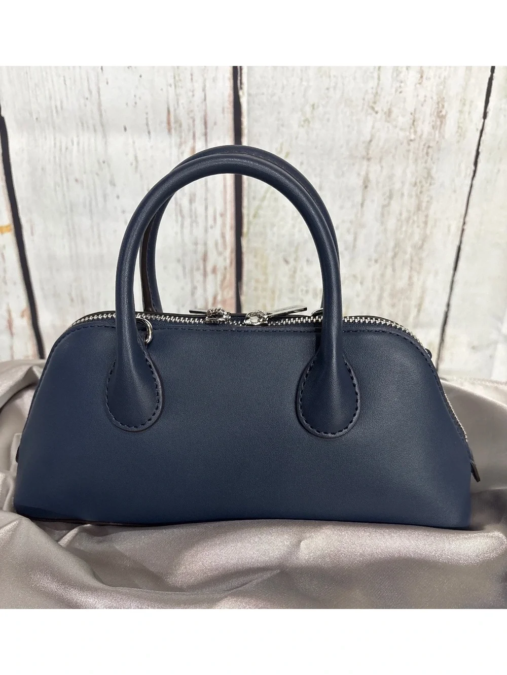 Michael Kors Petra Navy Blue Leather Floral Applique Handbag w/Extra Long Strap